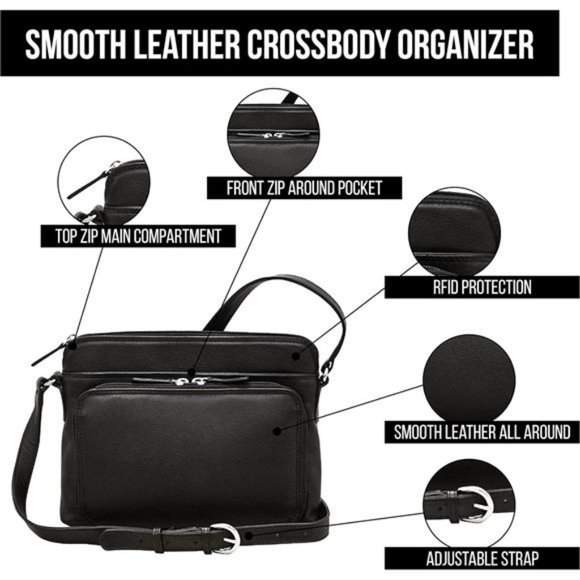 Leather Shoulder Handbag w/Side Organizer - Soft, Smooth w/RFID Blocking Lining - Picture 4 of 7